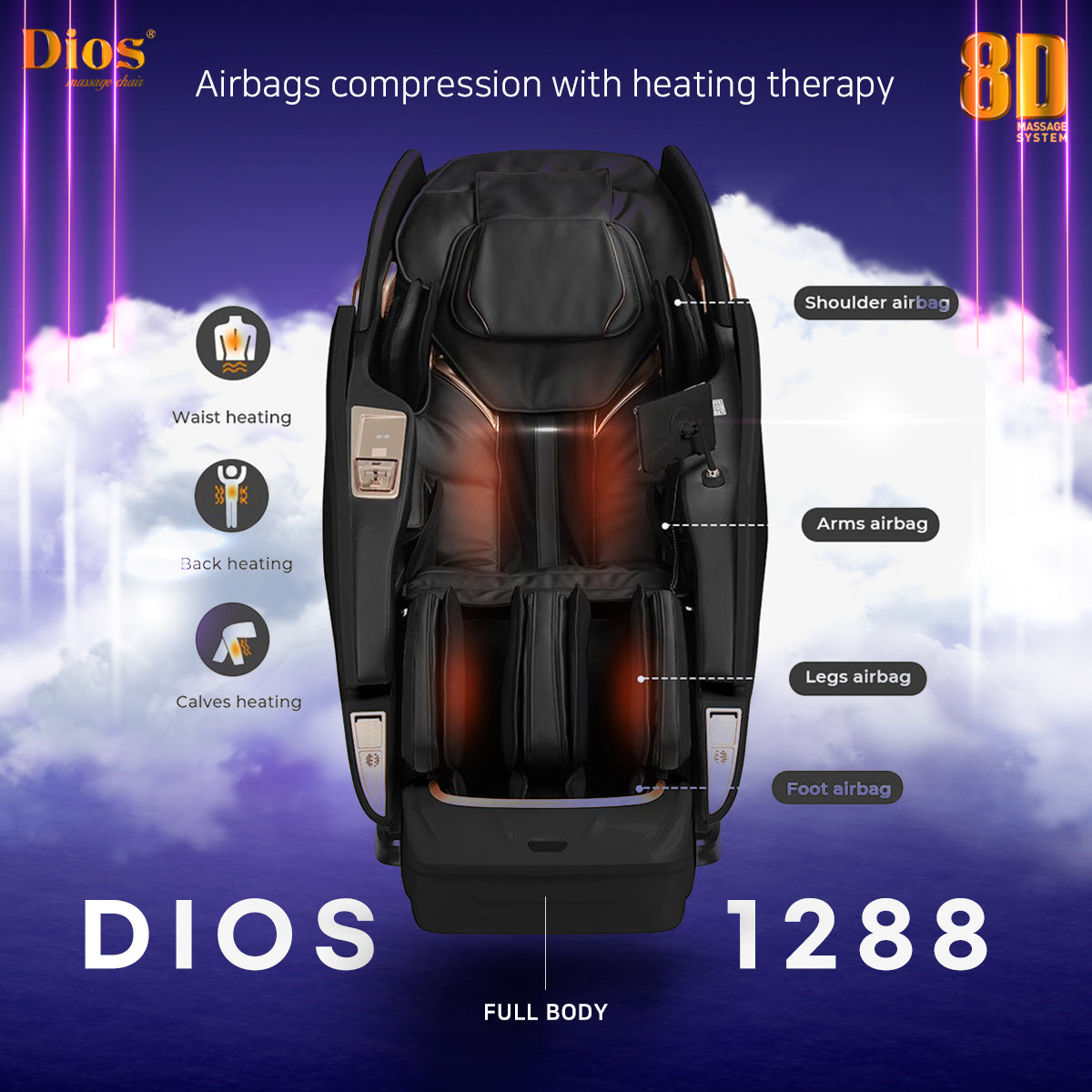 Dios Massage Chair 8D AI Dual Air Tech Touch Roller SL-track with Brain Relaxation Program Dios-1288