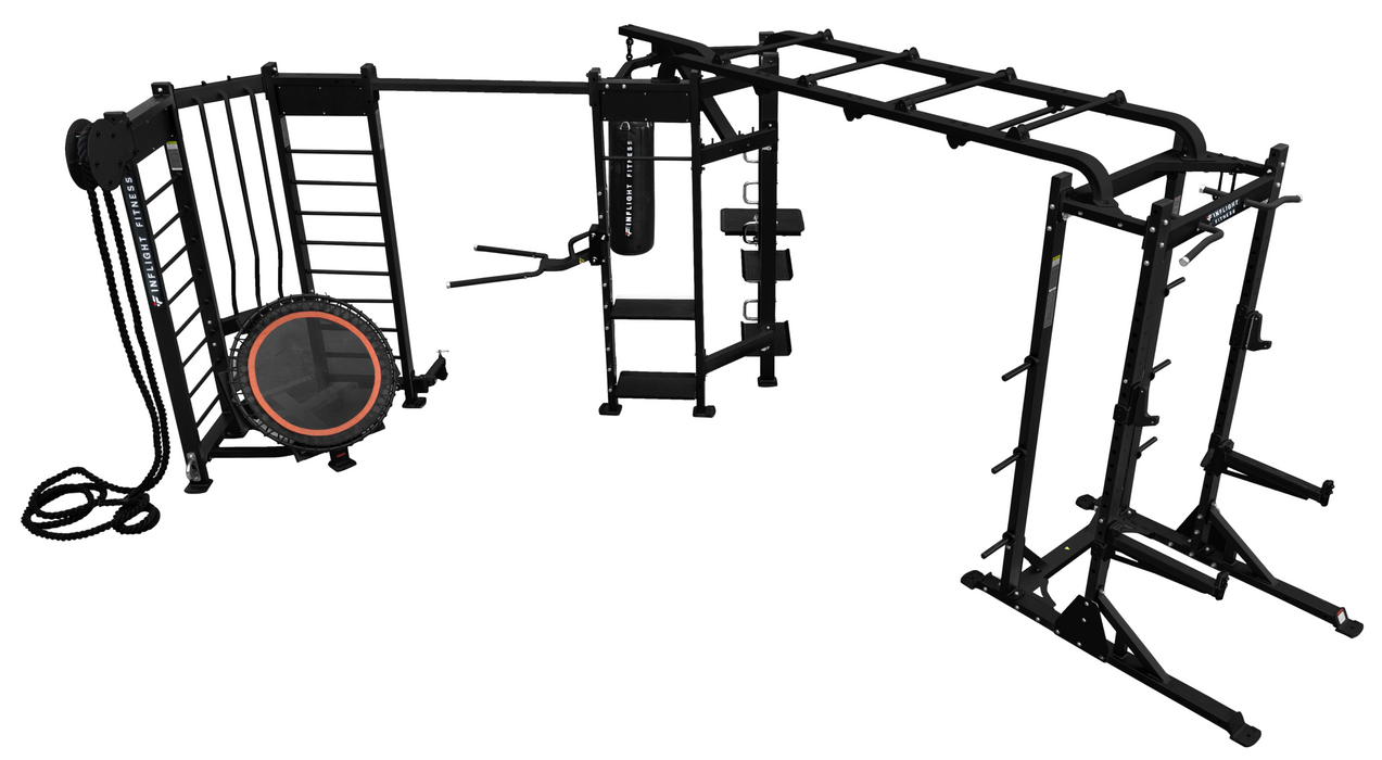 Inflight Fitness Shape-L Three-Station Multi-Gym Half Rack, Rebounder, Punching Bag, Dip/Box Jump/T-Bar, Battle Rope and Storage Shelves