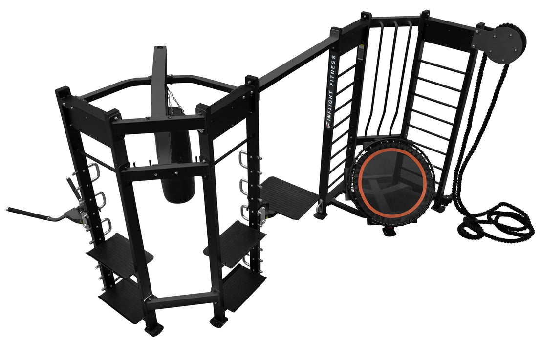 Inflight Fitness Shape-S Two-Station Multi-Gym Rebounder + Punching Bag, Dip/Box Jump/T-Bar Station, Battle Rope and Storage Shelves