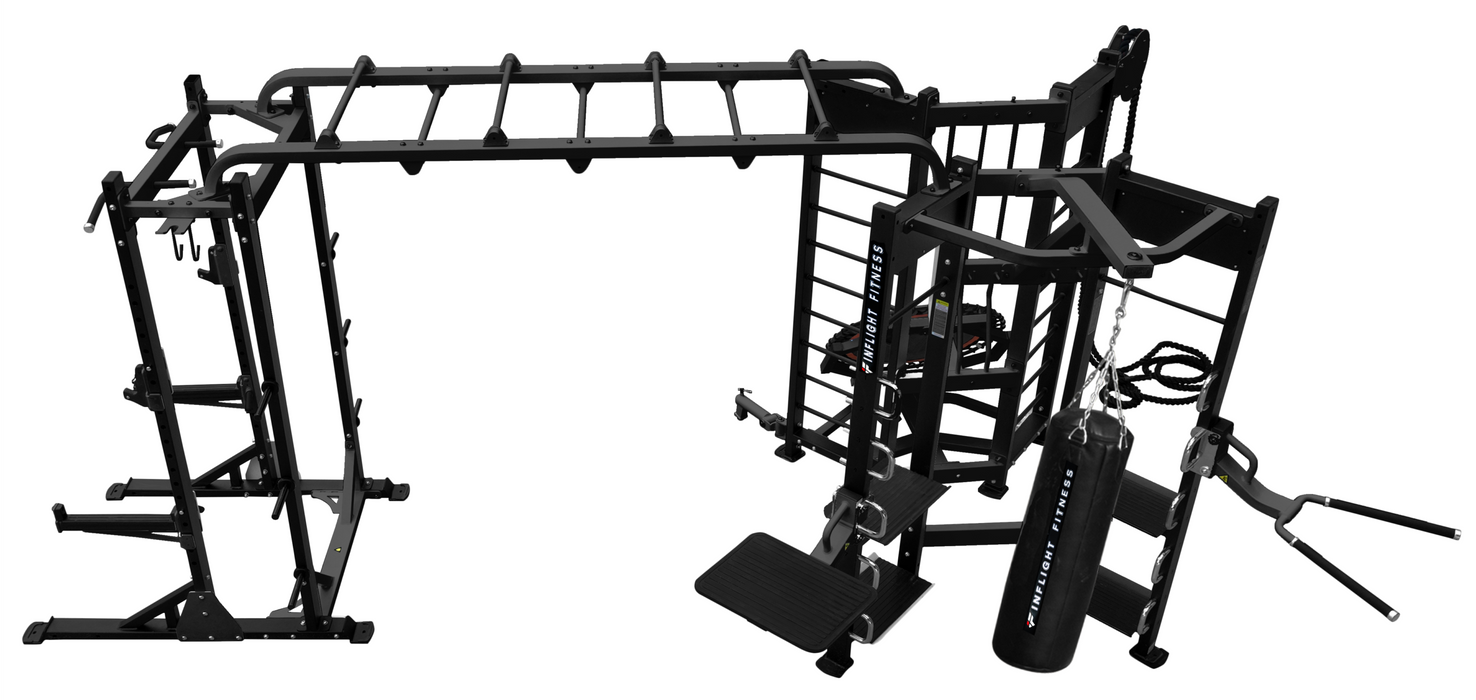 Inflight Fitness Shape-T Three Station Multi-Gym Half Rack, Rebounder, Punching Bag, Dip/Box Jump/T-Bar, Monkey Bars and Storage