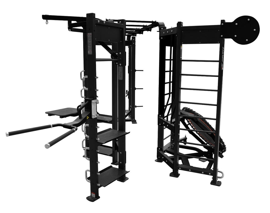 Inflight Fitness Shape-T Three Station Multi-Gym Half Rack, Rebounder, Punching Bag, Dip/Box Jump/T-Bar, Monkey Bars and Storage