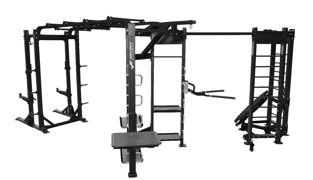 Inflight Fitness Shape-L Three-Station Multi-Gym Half Rack, Rebounder, Punching Bag, Dip/Box Jump/T-Bar, Battle Rope and Storage Shelves