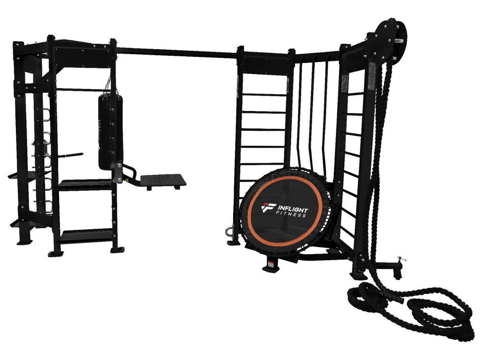 Inflight Fitness Shape-S Two-Station Multi-Gym Rebounder + Punching Bag, Dip/Box Jump/T-Bar Station, Battle Rope and Storage Shelves
