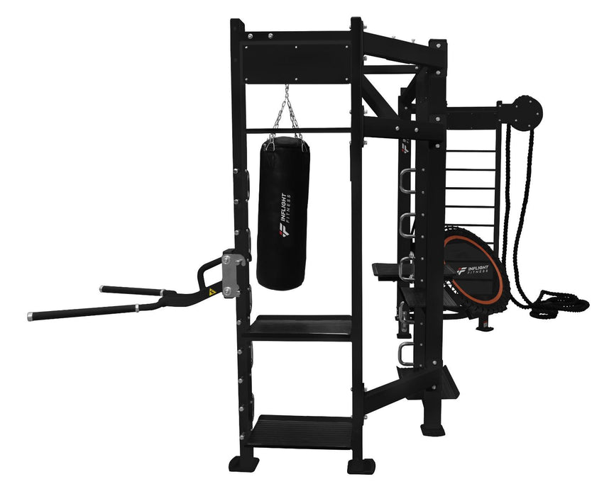 Inflight Fitness Shape-S Two-Station Multi-Gym Rebounder + Punching Bag, Dip/Box Jump/T-Bar Station, Battle Rope and Storage Shelves