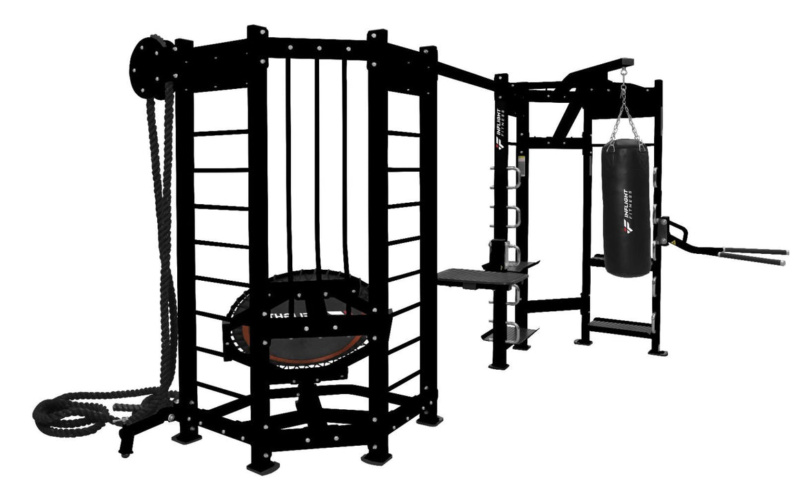 Inflight Fitness Shape-S Two-Station Multi-Gym Rebounder + Punching Bag, Dip/Box Jump/T-Bar Station, Battle Rope and Storage Shelves