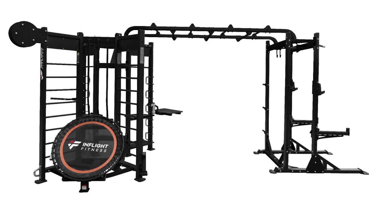 Inflight Fitness Shape-T Three Station Multi-Gym Half Rack, Rebounder, Punching Bag, Dip/Box Jump/T-Bar, Monkey Bars and Storage