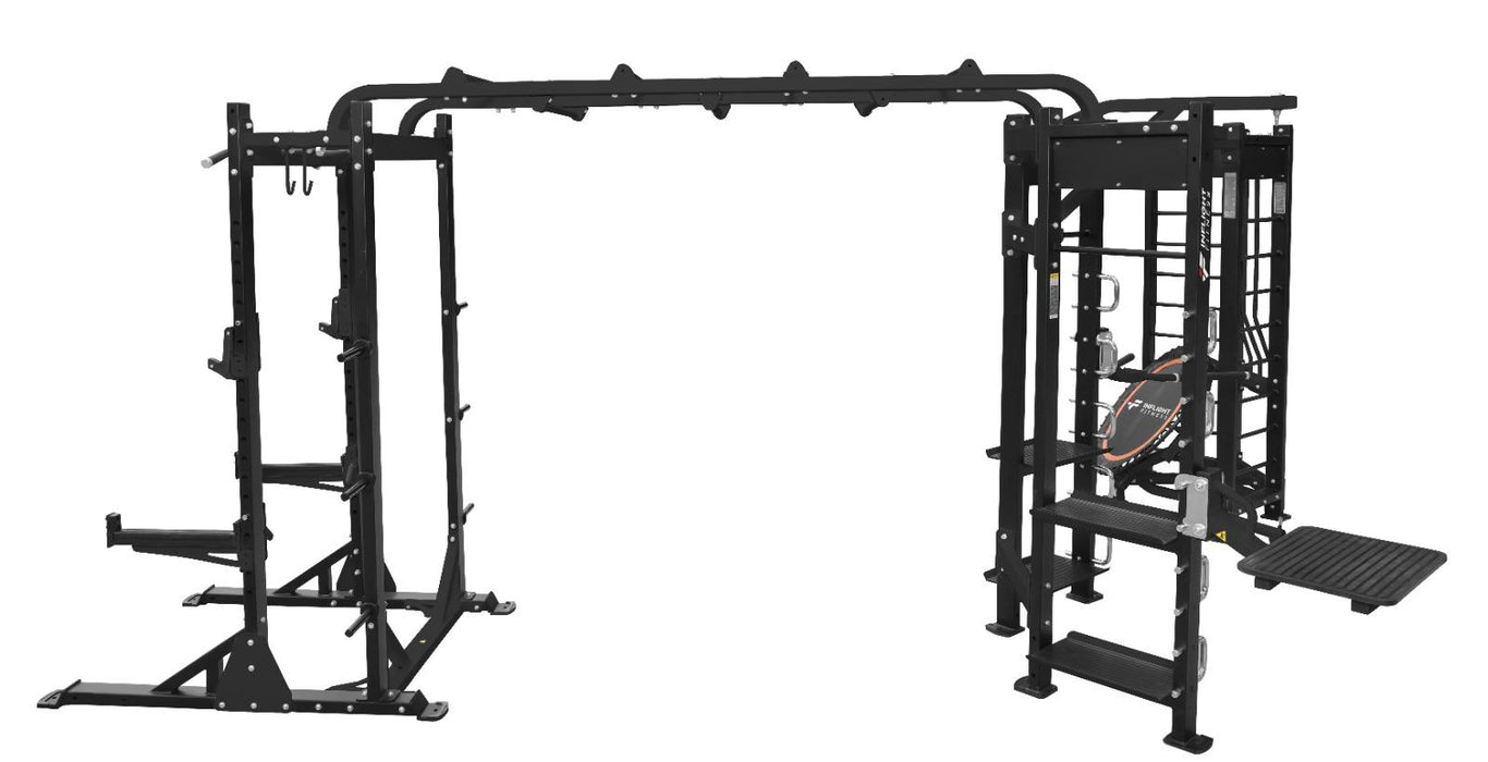 Inflight Fitness Shape-T Three Station Multi-Gym Half Rack, Rebounder, Punching Bag, Dip/Box Jump/T-Bar, Monkey Bars and Storage
